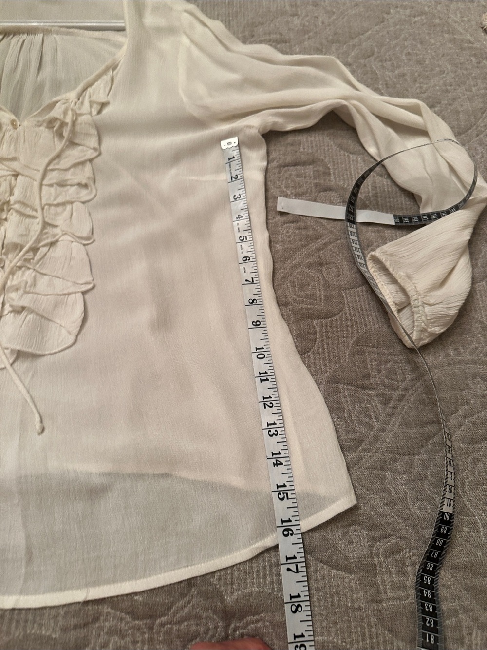 Light Cream Ruffle Front Long-Sleeve Blouse - Picture 6 of 7